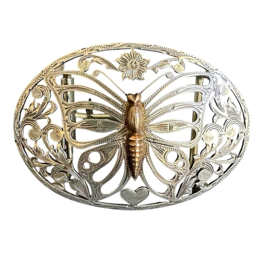 Fleming Butterfly Belt Buckle Sterling Silver Filigree Etched‎ Coastal Cowgirl